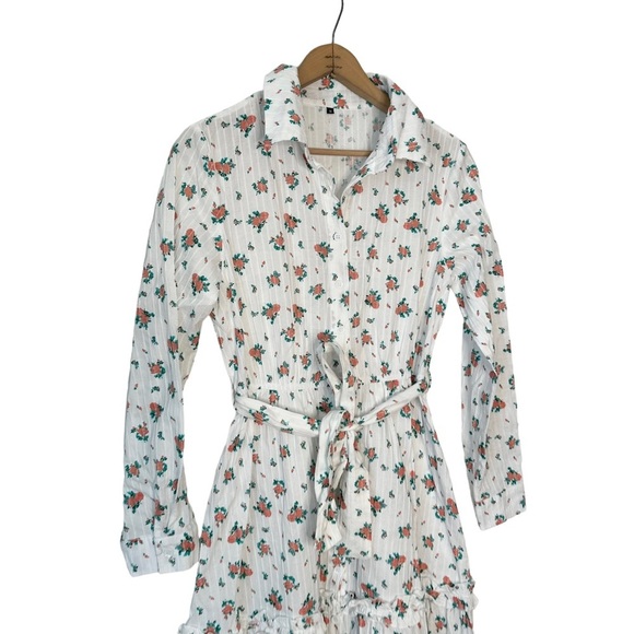 White Floral Button Down Belted Shirt Dress Size M - Picture 2 of 7